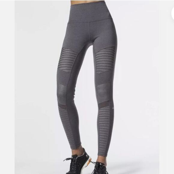 ALO Yoga Pants - Alo Yoga Moto High Waisted Leggings Stormy Heather Gray Activewear Womens XS